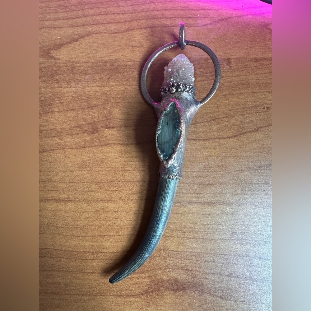 Stunning Artesian Massive Crystal & Labradorite Copper Pendant with genuine horn